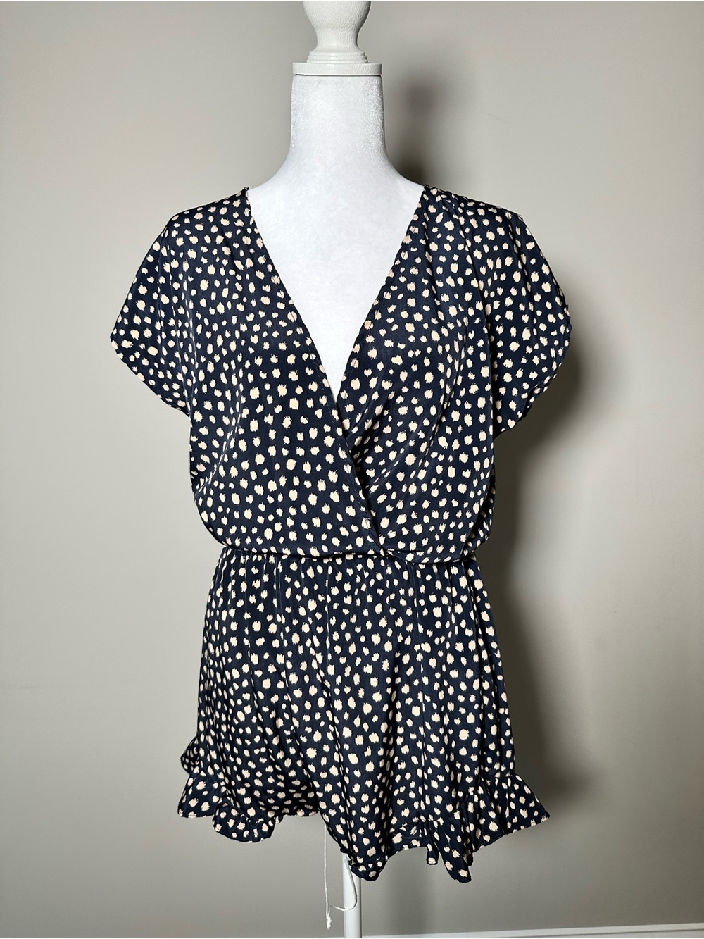 Navy and Cream Polka Dot Wrap Romper